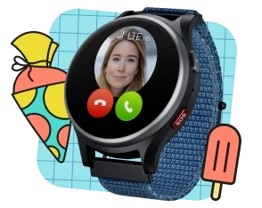 Kinderuhr mit GPS Anio 6 in silber mit blauem Armband. Auf dem Display die Anzeige eines eingehenden Anrufs von 'Mama'.